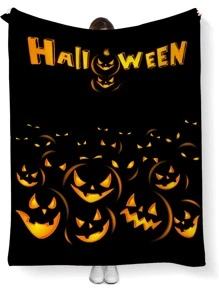 1pc Halloween Pumpkin Head Flannel Blanket - Multicolor - View 2