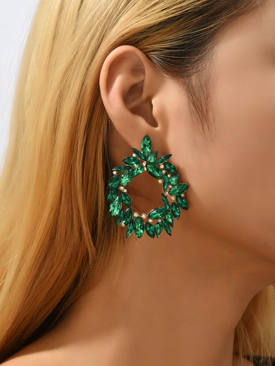 1pair Geometric Shape Crystal Studded Earrings - Green - View 1