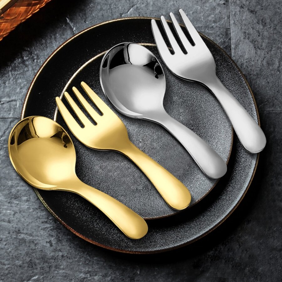 4入組不銹鋼短柄銀湯匙和叉套裝