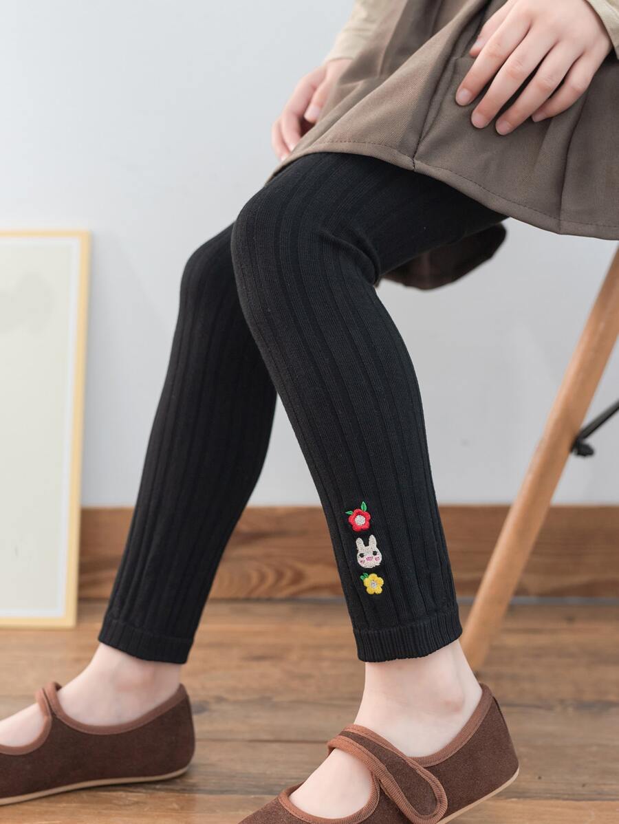 1双女童卡通刺绣装饰纯色七分紧身裤 - 黑色 - 查看 1