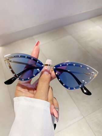 1入組女士復古貓眼風格無框切邊鑽石裝飾眼鏡適合旅行,派對