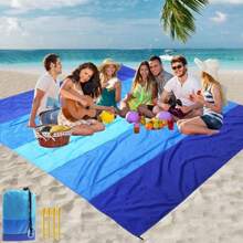 海灘防水棋盤格織物防潮海灘地墊 - 藍色 - 查看 4