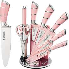 OSQI Kitchen Knife Set, Retrosohoo 9-Pieces Pink Sharp Non-Stick Coated Chef Knives Block Set,Stainless Steel Knife Set for Kitchen with Sharpener for Cutting Slicing Dicing Chopping - 粉色 - 查看 1
