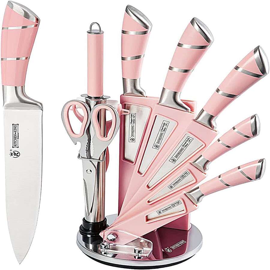 OSQI Kitchen Knife Set, Retrosohoo 9-Pieces Pink Sharp Non-Stick Coated Chef Knives Block Set,Stainless Steel Knife Set for Kitchen with Sharpener for Cutting Slicing Dicing Chopping - 粉色 - 查看 1