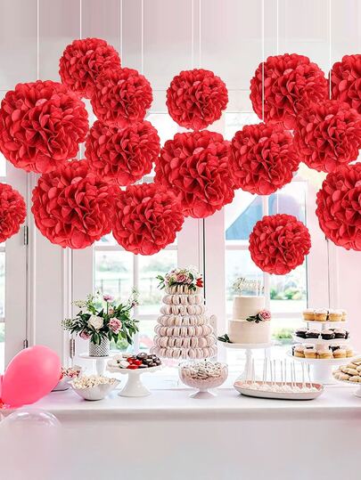 12pcs Paper Flower Ball Hanging Pom Poms Decorations For Wedding, Celebration, Outdoor & Birthday Parties, Back To School Valentine Day