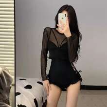 Lace Up Side One Piece Swimsuit & Mesh Cover Up - Black - View 1