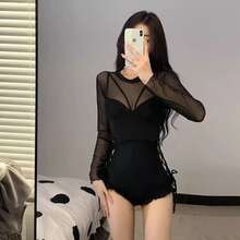 Lace Up Side One Piece Swimsuit & Mesh Cover Up - Black - View 2