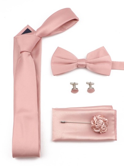5pcs/Set Groomsmen Wedding Tie Set Including Necktie, Bowtie, Pocket Square, Flower Lapel Pin, Cufflinks In Pink Color Valentine's Day Valentines