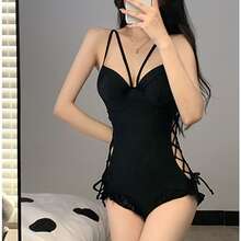 Lace Up Side One Piece Swimsuit & Mesh Cover Up - Black - View 3