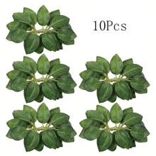 10入組仿真葉片裝飾，綠色玫瑰葉片帶茎，DIY婚禮花束中心裝飾，派對裝飾，玫瑰藤花環花環供應品 - 綠色 - 查看 1