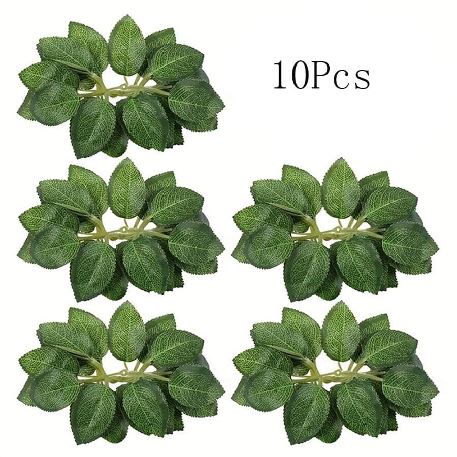 10入組仿真葉片裝飾，綠色玫瑰葉片帶茎，DIY婚禮花束中心裝飾，派對裝飾，玫瑰藤花環花環供應品 - 綠色 - 查看 1