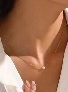 1入簡約風格不鏽鋼人造珍珠女士吊墜項鍊,禮物 - 金黃色 - 查看 2