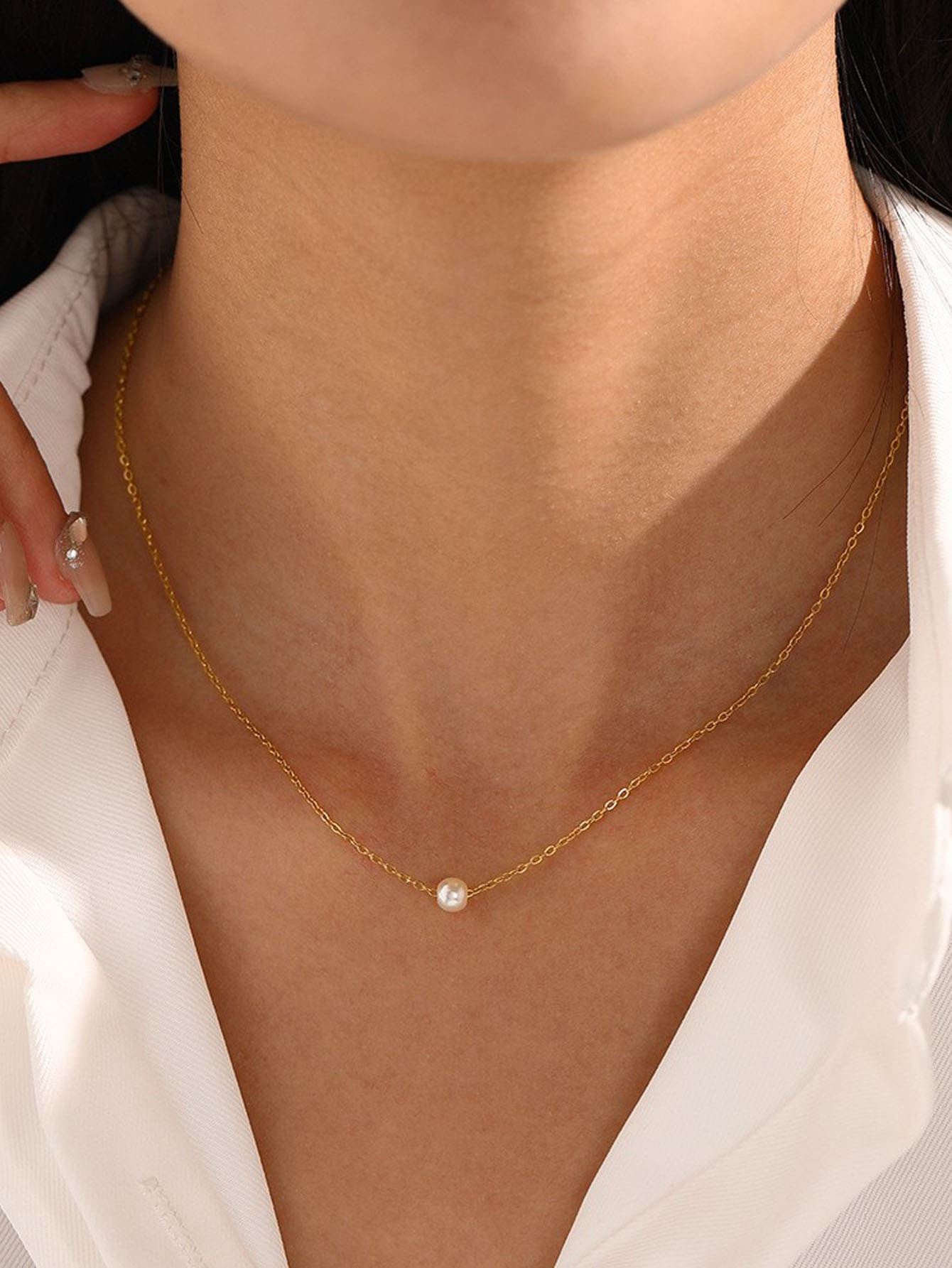 1入簡約風格不鏽鋼人造珍珠女士吊墜項鍊,禮物 - 金黃色 - 查看 1