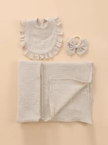 3pcs Khaki Baby Swaddle Wraps Bundle Set With Bow Headband And Drool Bib, For Newborns