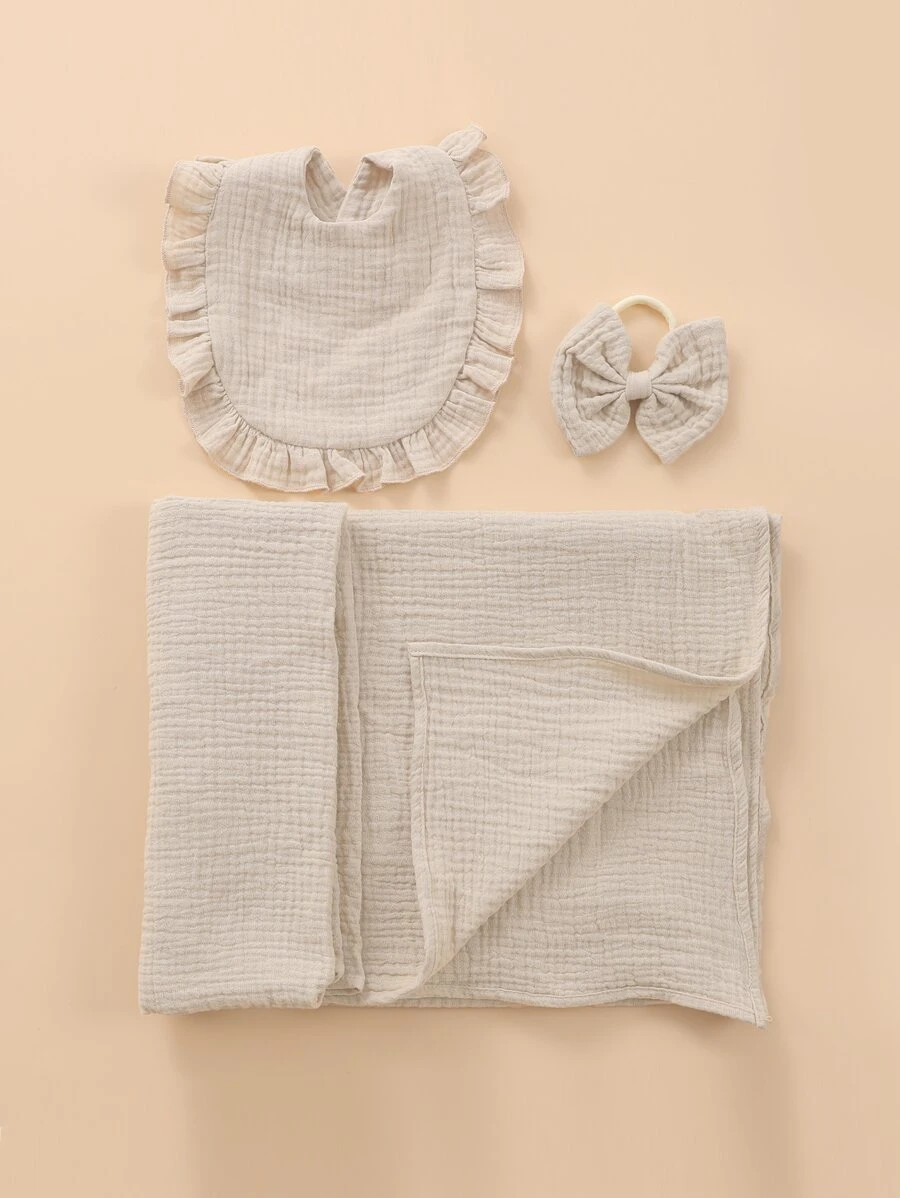 3pcs Khaki Baby Swaddle Wraps Bundle Set With Bow Headband And Drool Bib, For Newborns