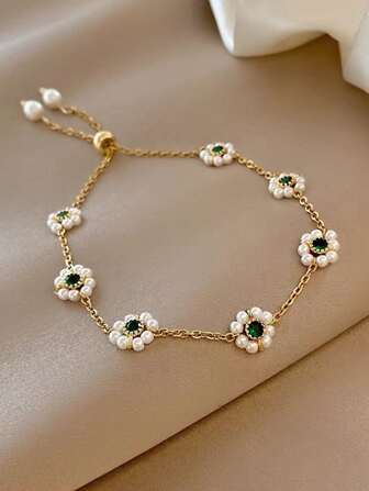 1pc Fashion Stainless Steel Elegant Delicate Flower Faux Pearl Bracelet Women Jewelry Party Premium Gift Wholesale