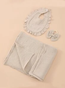 3pcs Khaki Baby Swaddle Wraps Bundle Set With Bow Headband And Drool Bib, For Newborns