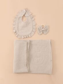3pcs Khaki Baby Swaddle Wraps Bundle Set With Bow Headband And Drool Bib, For Newborns