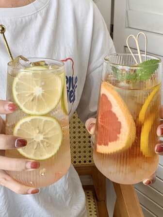 1只高硼矽玻璃杯,垂直條紋設計,適用於牛奶、冰咖啡、果汁,透明玻璃,大容量,單層無攪拌棒