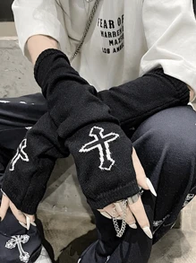 1pair Women's Cross Pattern Sleeve Without Fingers, Stylish & Versatile Fashion Item Halloweeny2k - Black - View 1