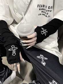 1pair Women's Cross Pattern Sleeve Without Fingers, Stylish & Versatile Fashion Item Halloweeny2k - Black - View 3