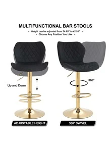 Velvet bar stool 2 piece counter Height bar stool with back Rotating bar chair with metal base Modern adjustable kitchen island stool for family bar/restaurant - 黑色 - 查看 6