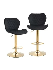 Velvet bar stool 2 piece counter Height bar stool with back Rotating bar chair with metal base Modern adjustable kitchen island stool for family bar/restaurant - 黑色 - 查看 7