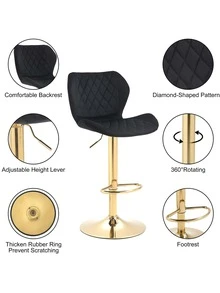 Velvet bar stool 2 piece counter Height bar stool with back Rotating bar chair with metal base Modern adjustable kitchen island stool for family bar/restaurant - 黑色 - 查看 5