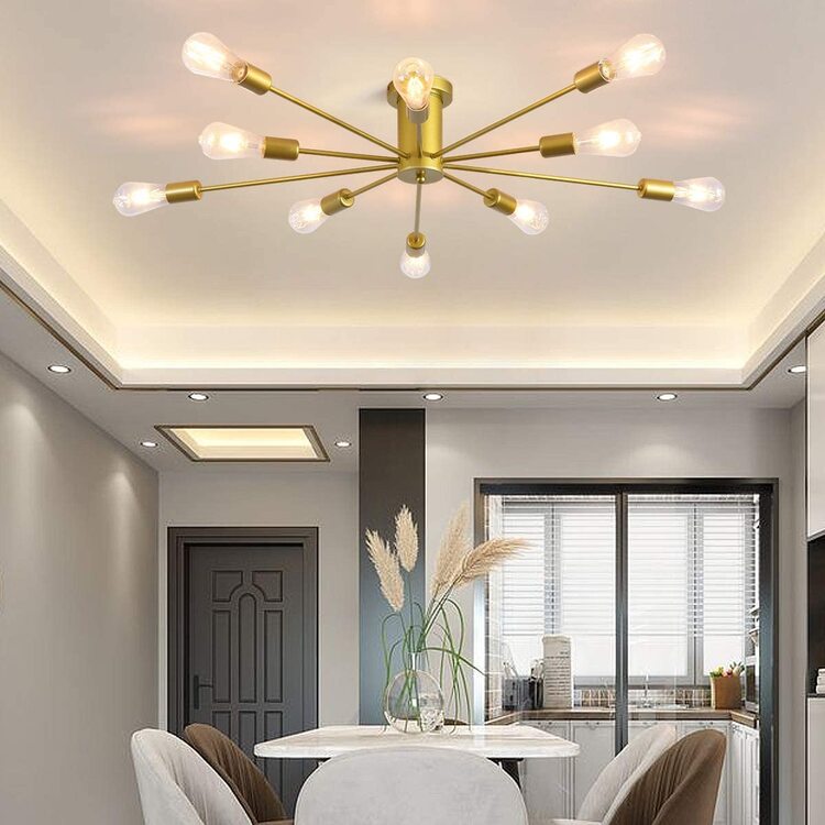 Semi Flush Mount Ceiling Light, 10-Light Modern Black Sputnik Chandelier Industrial Ceiling Lamp For Kitchen Dining Room Living Room Bedroom Foyer Lighting Fixture - 金色 - 查看 5