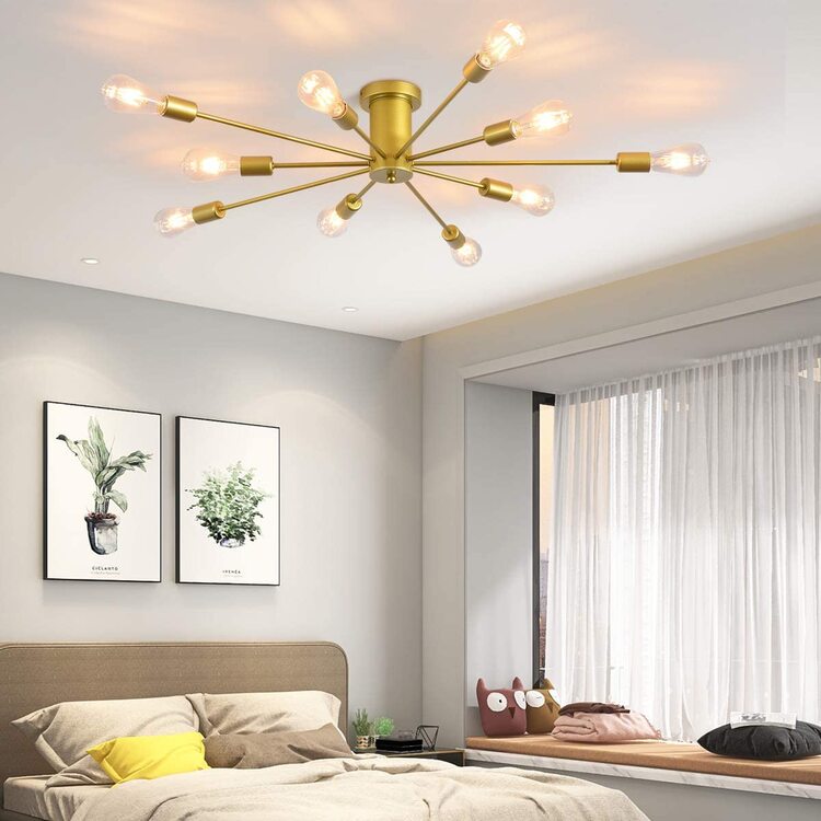 Semi Flush Mount Ceiling Light, 10-Light Modern Black Sputnik Chandelier Industrial Ceiling Lamp For Kitchen Dining Room Living Room Bedroom Foyer Lighting Fixture - 金色 - 查看 4
