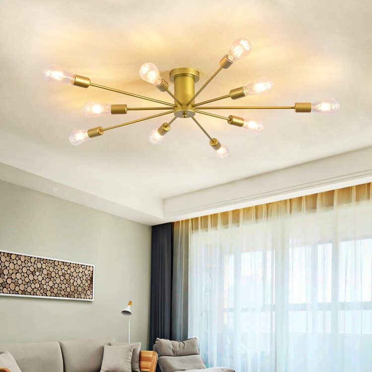 Semi Flush Mount Ceiling Light, 10-Light Modern Black Sputnik Chandelier Industrial Ceiling Lamp For Kitchen Dining Room Living Room Bedroom Foyer Lighting Fixture - 金色 - 查看 1