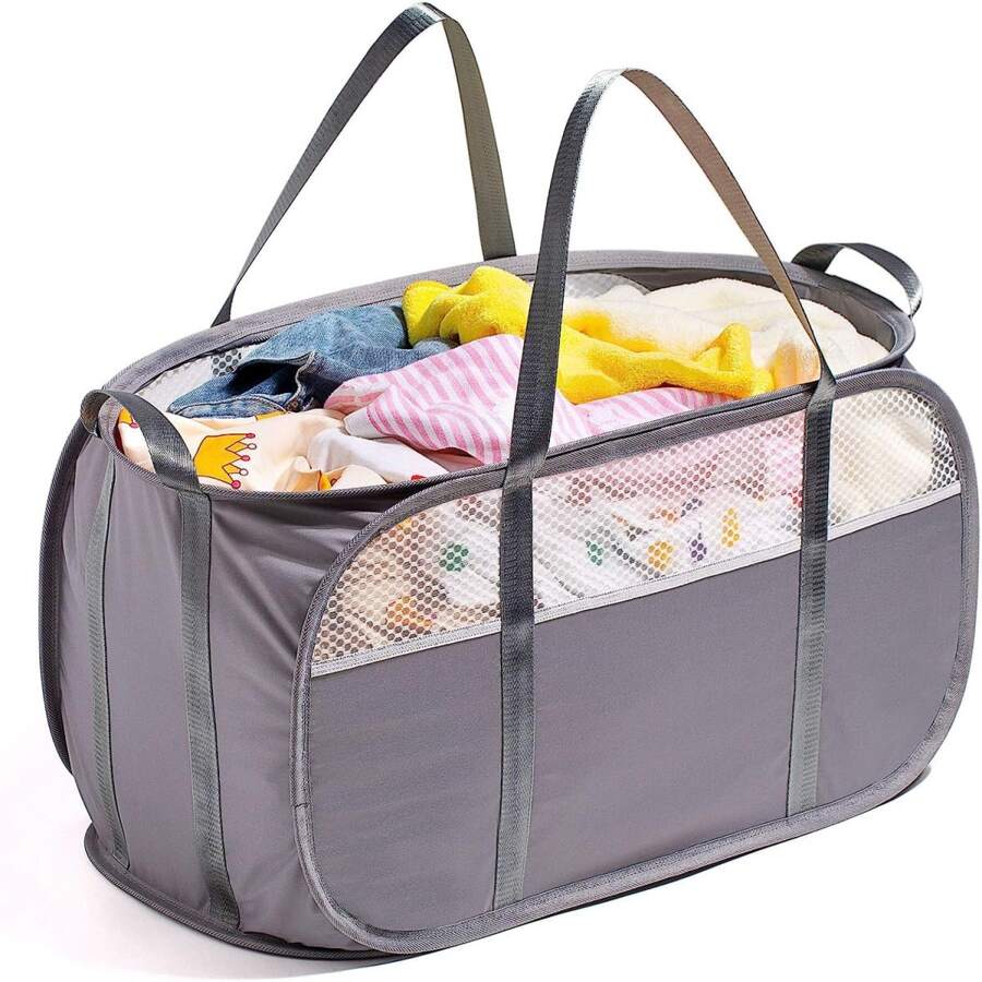 Tear Proof Pop Up Laundry Hampers, with Strong Handles Laundry Hamper, Easy to Carry & Go Up and Down Stairs, Honeycomb Mesh-Breathable, Easy to Collapsible Laundry Basket. (1.5 Loads) - 灰色 - 查看 1