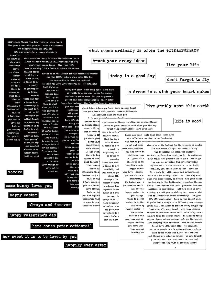 Bộ 8 tờ nhãn dán trích dẫn để ghi nhật ký, Bộ dụng cụ làm sổ lưu niệm cổ điển dành cho người lớn, Nhãn dán trò chuyện nhỏ, Bảng từ vựng cụm từ, Bảng từ vựng tự làm cho sổ kế hoạch tạp chí, Ảnh ghép, Album trang trí thẩm mỹ - Đen và trắng - Xem 1