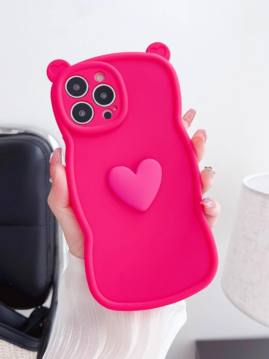 Cat Ear Shape Plain 3D Heart Decor Phone Case - Hot Pink - View 1