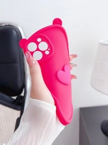 Cat Ear Shape Plain 3D Heart Decor Phone Case - Hot Pink - View 4
