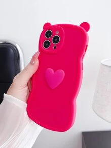Cat Ear Shape Plain 3D Heart Decor Phone Case - Hot Pink - View 3