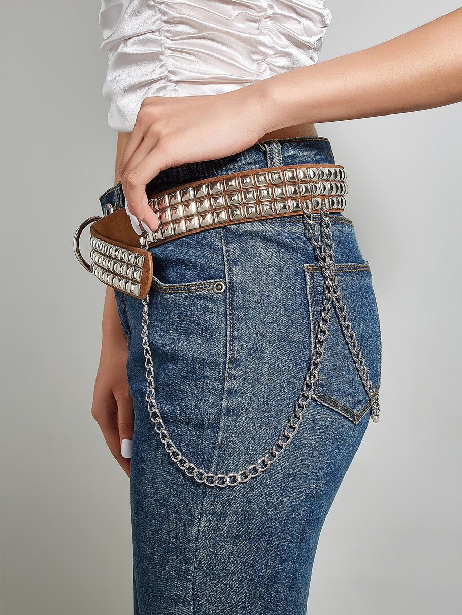 1pc Fashionable Versatile Double Square Buckle Studded Belt