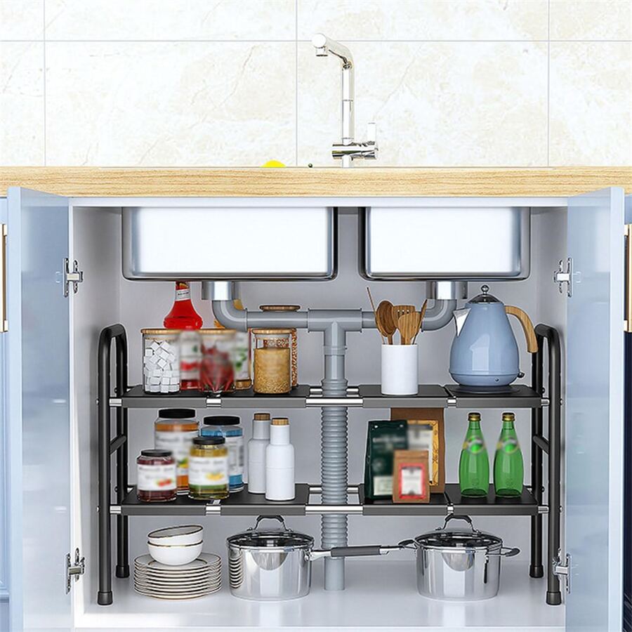 Bathroom Storage Rack Below Sink, Telescopic Cabinet Shelf With Layers For Wash Basin, Under Sink Organizer - Black - View 1