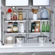 Bathroom Storage Rack Below Sink, Telescopic Cabinet Shelf With Layers For Wash Basin, Under Sink Organizer - Black - View 4