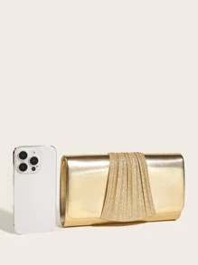 Luxury Dinner Bag, Evening Bag Glamorous, Elegant, Exquisite, Quiet Luxury Pu & Glitter Decor Ladies Clutch Bag Square Bag, Ruched For Lady, Woman, For Party Girl, Bride Perfect For Party, Wedding, Prom, Dinner/Banquet, Dinner/Banquet, Best Gift For Women Mom Teacher Friend Bridesmaid, Fashionable Clutch Bags For Woman - Gold - View 3