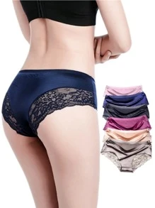 MURAMASA 6 piezas Bragas triangulares sin costuras de encaje de seda de hielo con cintura baja para mujeres - Azul - Ver 1