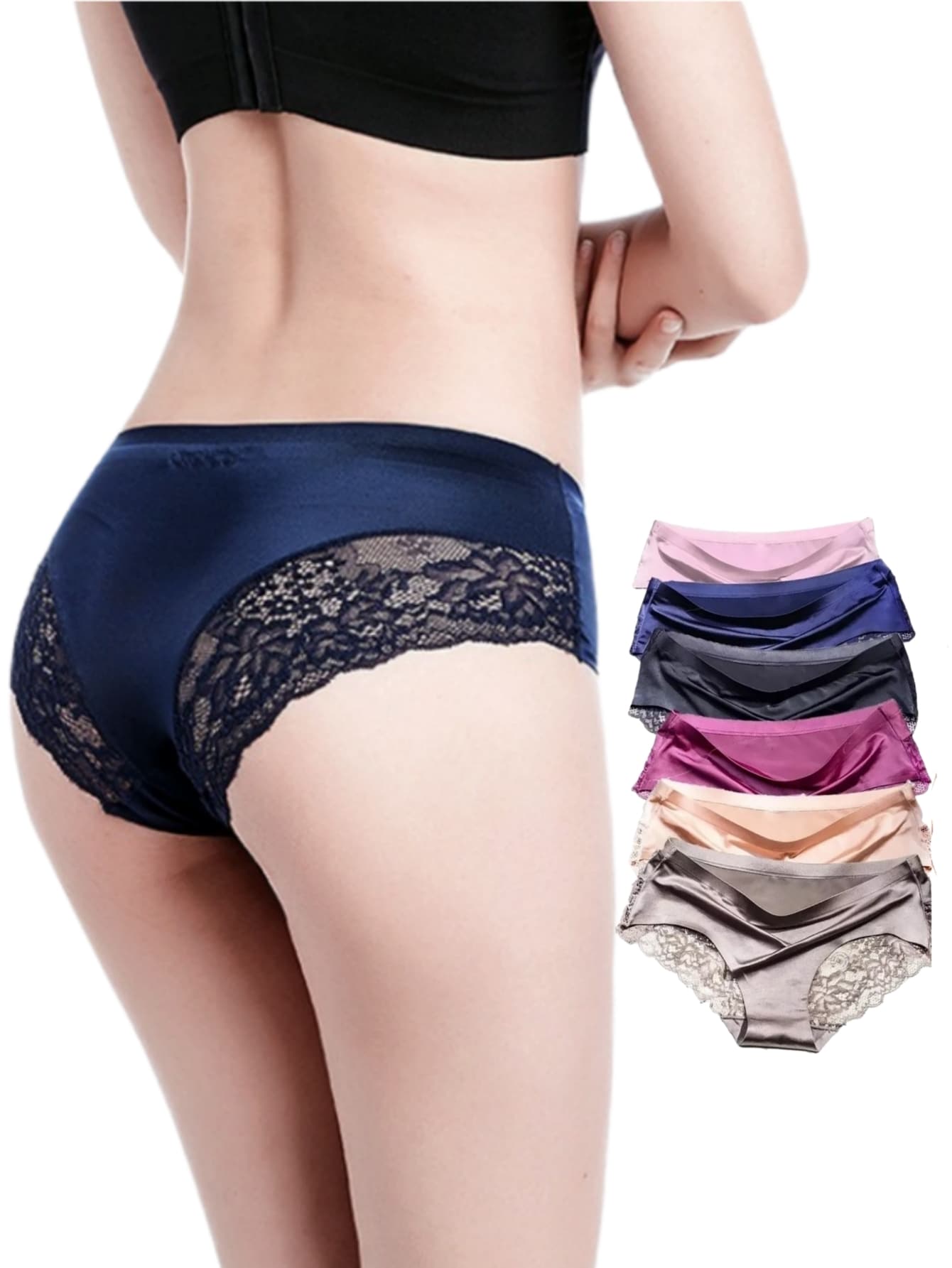 MURAMASA 6 piezas Bragas triangulares sin costuras de encaje de seda de hielo con cintura baja para mujeres - Azul - Ver 1