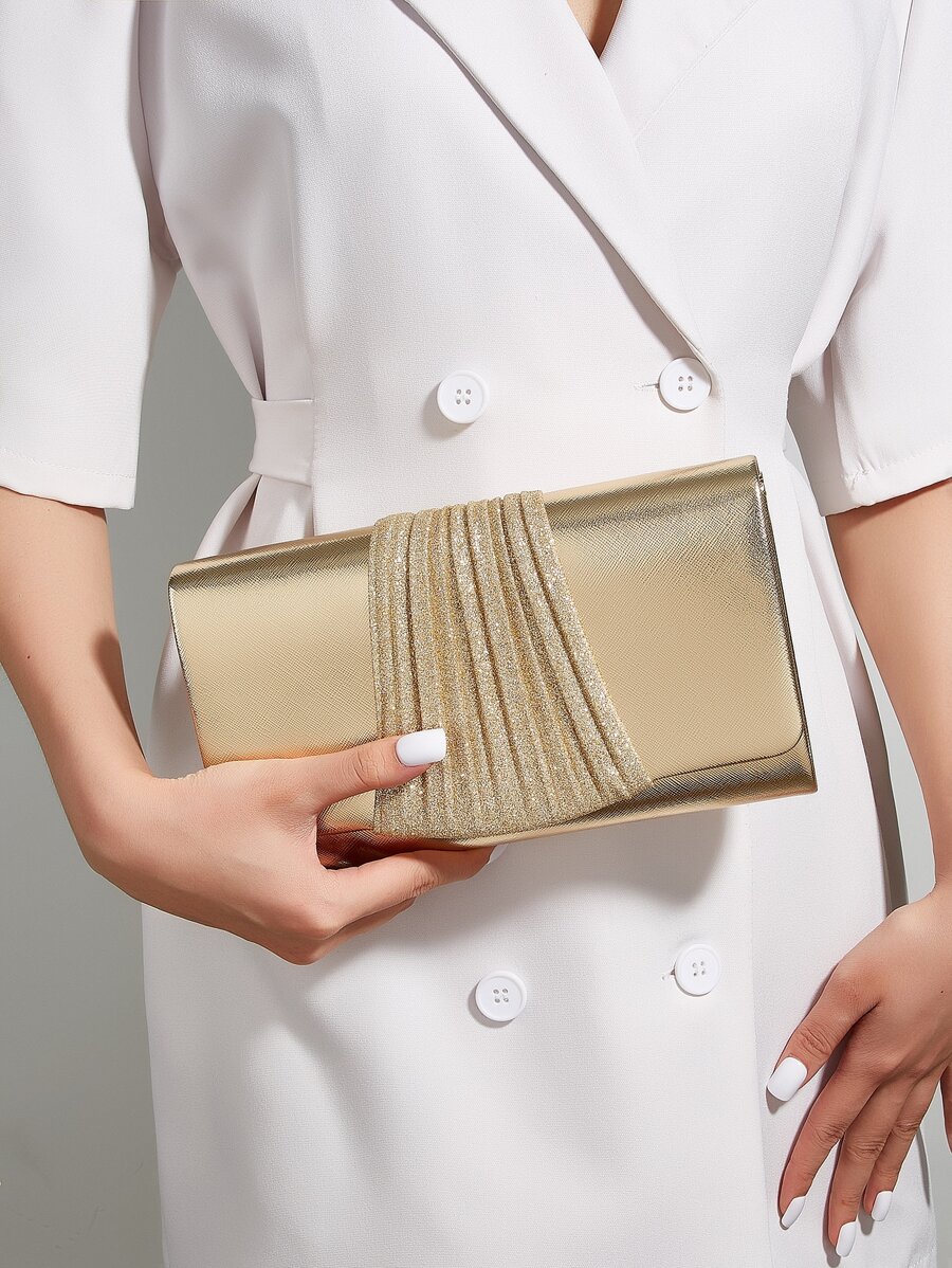 Luxury Dinner Bag, Evening Bag Glamorous, Elegant, Exquisite, Quiet Luxury Pu & Glitter Decor Ladies Clutch Bag Square Bag, Ruched For Lady, Woman, For Party Girl, Bride Perfect For Party, Wedding, Prom, Dinner/Banquet, Dinner/Banquet, Best Gift For Women Mom Teacher Friend Bridesmaid, Fashionable Clutch Bags For Woman - Gold - View 1