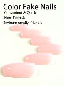 24入組純色長方形假指甲，粉色；含1支指甲檔磨棒和1片果凍膠按壓式指甲，美甲用品 - 粉色 - 查看 3