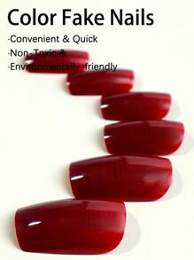 24pcs/Set Long Square Plain Press-On Nails In Burgundy & Cherry Red With Nail File & One Sheet Of Jelly Glue Nail Supplies - Burgundy - View 3