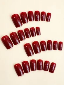 24pcs/Set Long Square Plain Press-On Nails In Burgundy & Cherry Red With Nail File & One Sheet Of Jelly Glue Nail Supplies - Burgundy - View 2