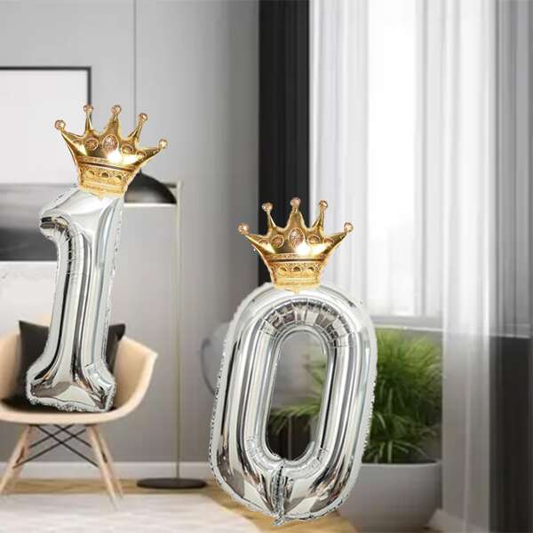 X WOTP 1pc Silver Number + 1pc Crown Shaped Aluminum Foil Balloon For Festival, Birthday, Wedding Party Decoration,