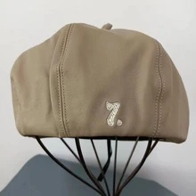 1入組卡其色PU皮革貝雷帽帽帶花卉圖案點綴,韓語風格八角形帽子,南瓜帽,甜美風和迷人的畫家帽,可愛秋天和冬天帽