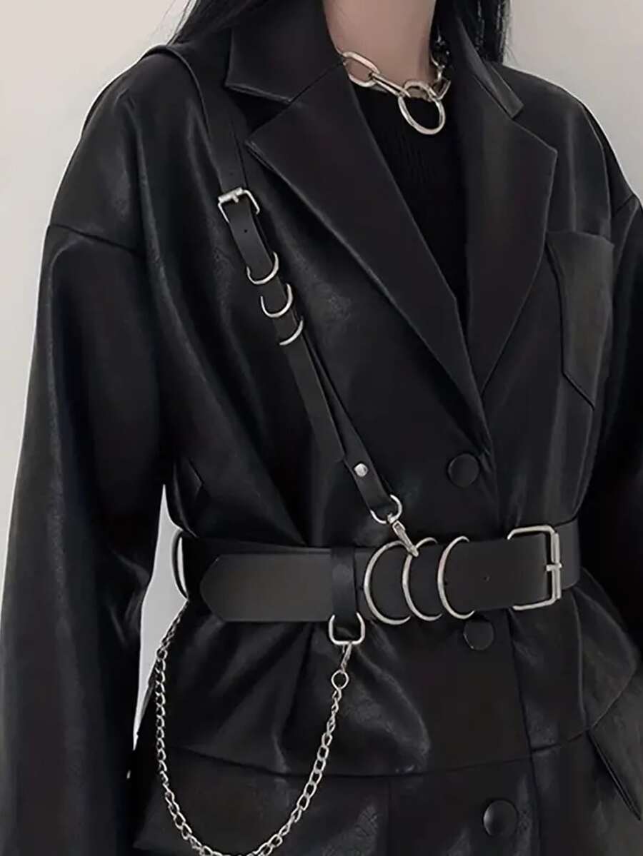 1入組女士皮革鏈條裝飾的背帶,朋克風格套裝襯衫背帶和腰皮帶 - 黑色 - 查看 1