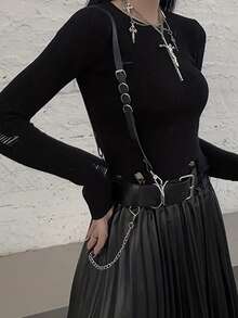 1入組女士皮革鏈條裝飾的背帶,朋克風格套裝襯衫背帶和腰皮帶 - 黑色 - 查看 3